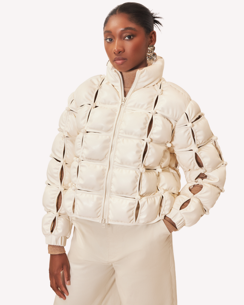 Womens vegan leather fall winter puffer coat jacket called the Palmer coat with zipper. Frontal view.