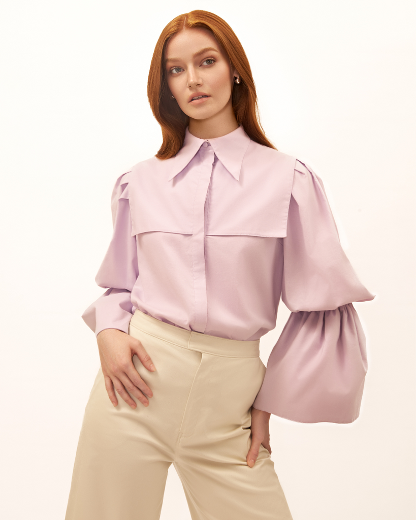 Womens cotton poplin fall winter button up blouse Hurston top with yoke overlay and puff sleeves in purple lilac