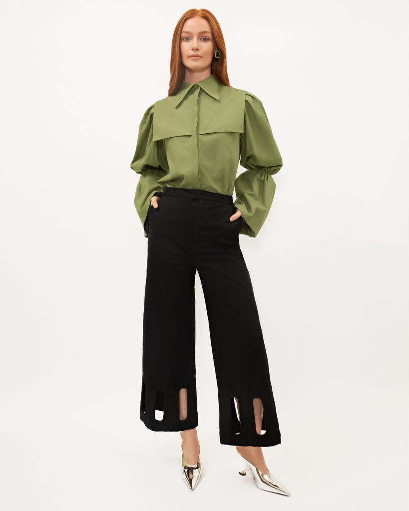 Womens cotton poplin fall winter button up blouse Hurston top with yoke overlay and puff sleeves in green sage