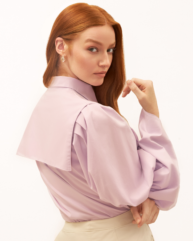 Womens cotton poplin fall winter button up blouse Hurston top with yoke overlay and puff sleeves in purple lilac back view