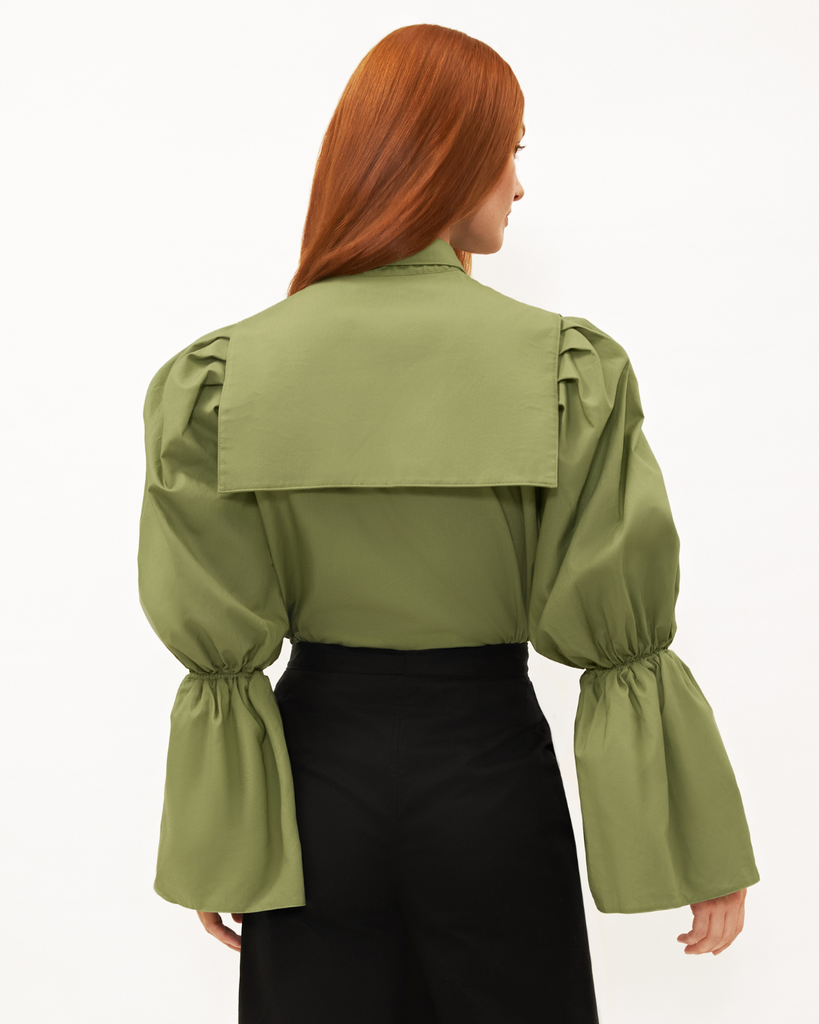 Womens cotton poplin fall winter button up blouse Hurston top with yoke overlay and puff sleeves in green sage back view