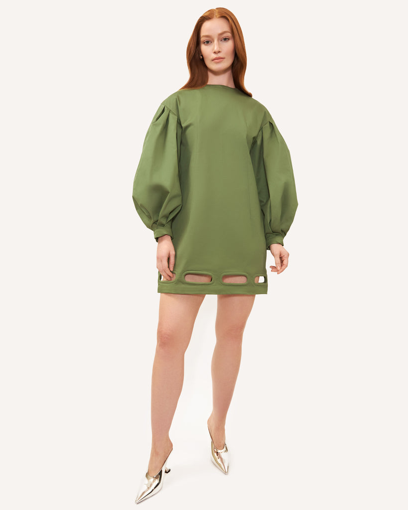 Womens green fall winter cotton twill short dress with puff pleated sleeves and cutout hem Kaki Dress. Frontal view.