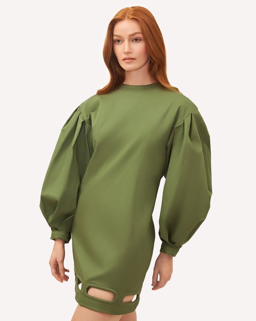 Womens green fall winter cotton twill short dress with puff pleated sleeves and cutout hem Kaki Dress. Close up view.